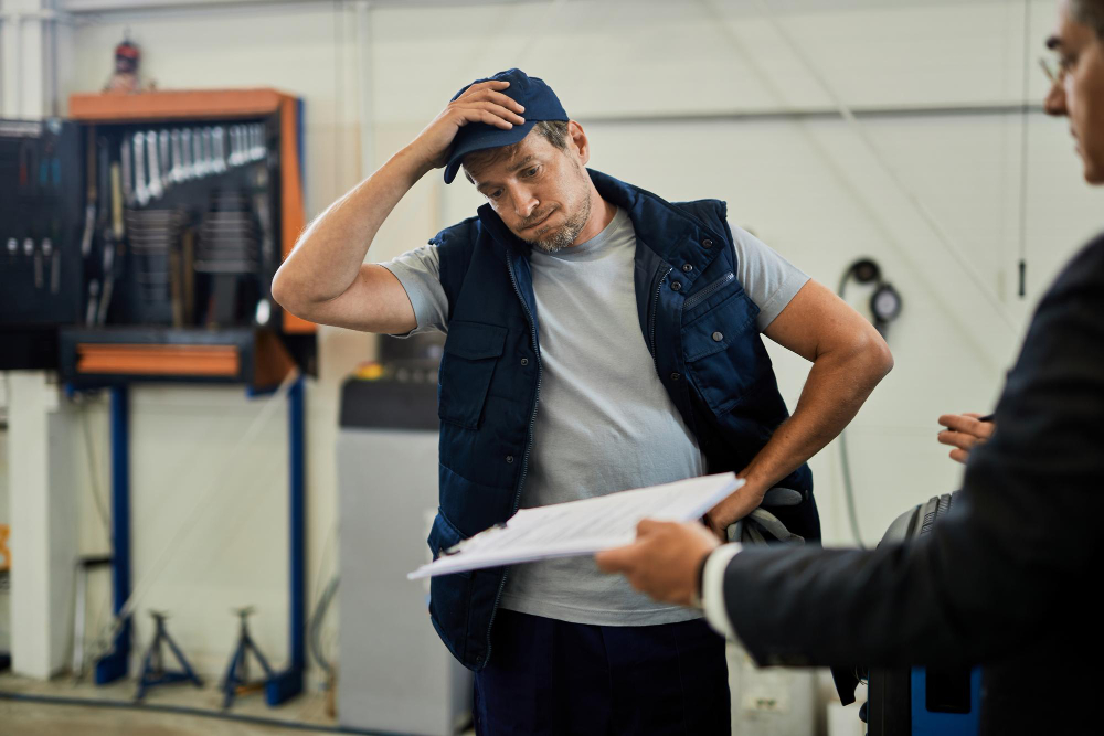 Man in a garage is frustrated as he looks at a piece of paper.